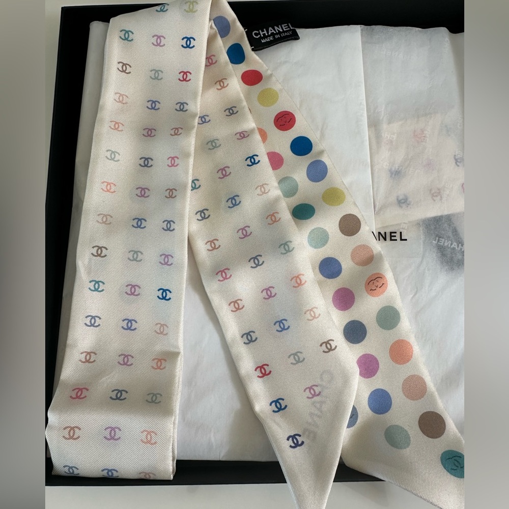CHANEL Silk Polka Dot CC Slim Bandeau Scarf Ivory Multicolor - Picture 2 of 7
